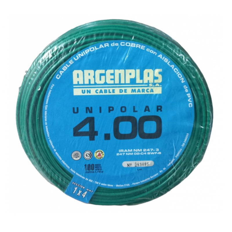 Cable Unipolar ARGENPLAS 4mm2 Verde Amarillo IRAM 2183 NM247 3