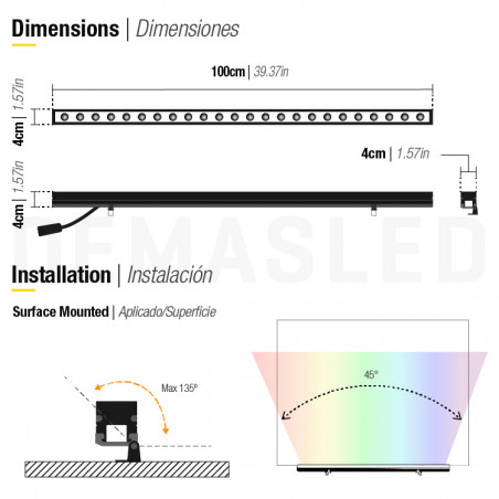 Bañador led DEMASLED dimerizable IP65 36W 24v 1.5A 2520lm RGB