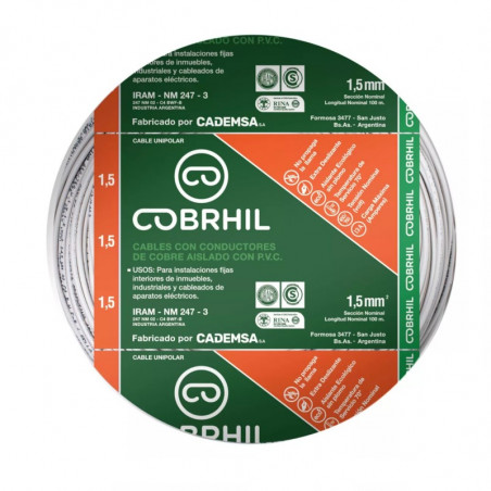 Cable unipolar COBRHIL 1,5mm2 blanco IRAM 2183-NM247-3