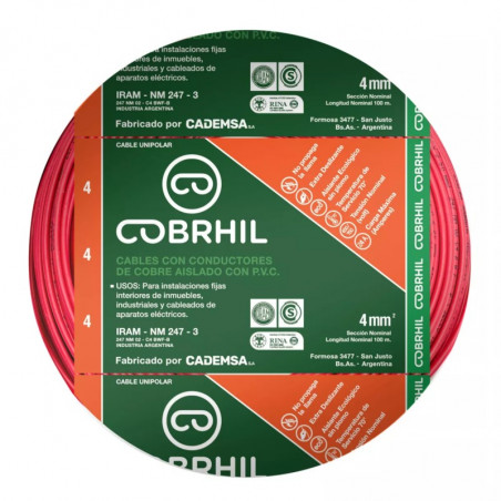 Cable unipolar COBRHIL 4mm2 rojo IRAM 2183-NM247-3