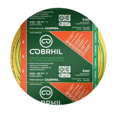 Cable unipolar COBRHIL 6mm2 verde amarillo IRAM 2183-NM247-3