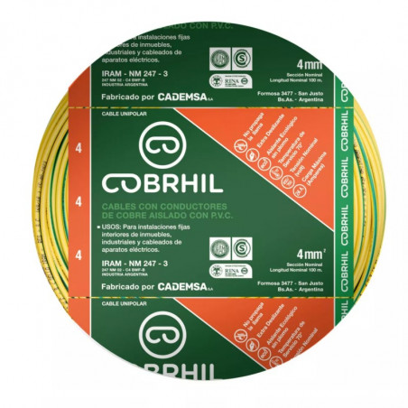 Cable unipolar COBRHIL 4mm2 verde amarillo IRAM 2183-NM247-3