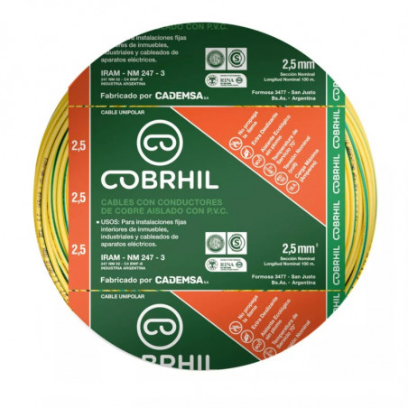 Cable unipolar COBRHIL 2,5mm2 verde amarillo IRAM 2183-NM247-3