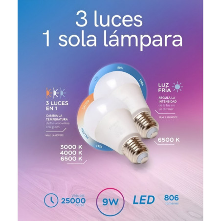 Lámpara led ETHEOS E27 9W 3 pasos (de 3000 a 4000 a 6500K)