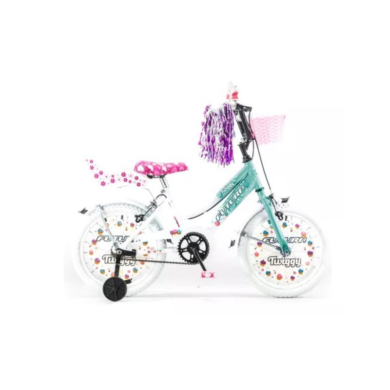 Bicicleta FUTURA TWIGGY rodado 16 con canasto y porta muñeco celeste