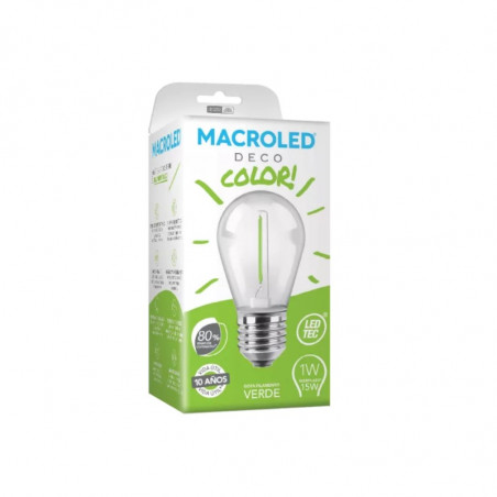 Lámpara led MACROLED gota E27 1W vidrio traslucido luz verde