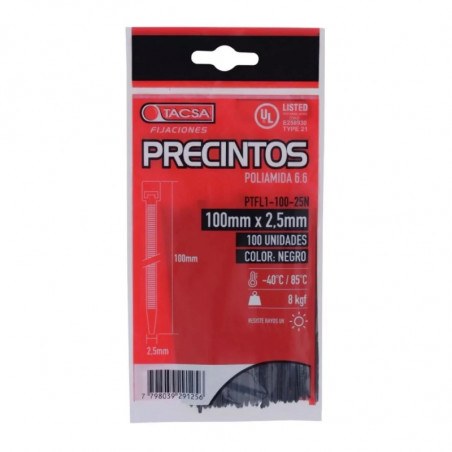 Precinto TACSA 100x2.5mm negro soporta 8kg por 100 unidades