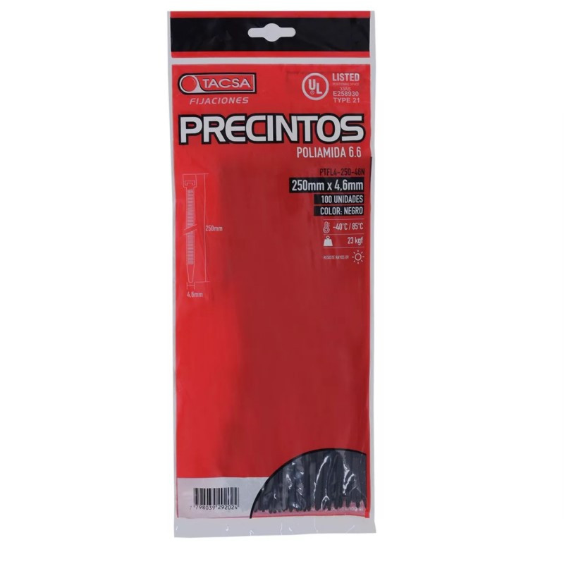 Precinto TACSA 250x4.6mm negro soporta 23kg por 100 unidades