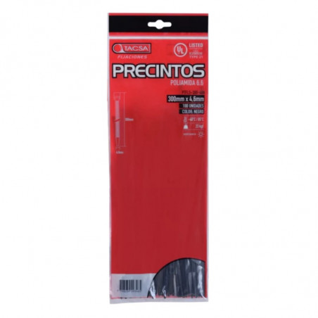 Precinto TACSA 300x4.6mm negro soporta 23kg por 100 unidades