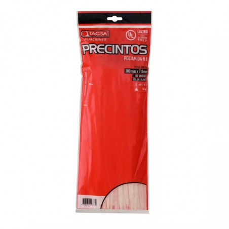 Precinto TACSA 300x7.6mm blanco soporta 54kg por 100 unidades