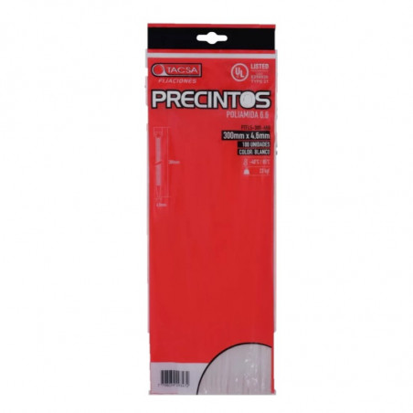 Precinto TACSA 300x4.6mm blanco soporta 23kg por 100 unidades