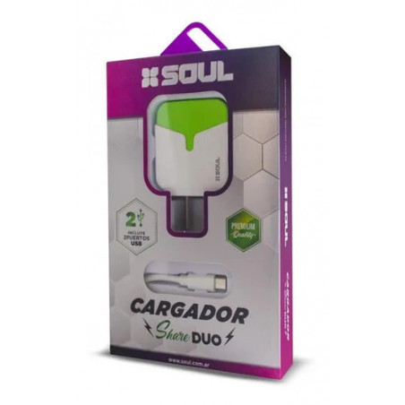 Cargador SOUL SHARE DUO usb 2.4a puertos micro usb verde